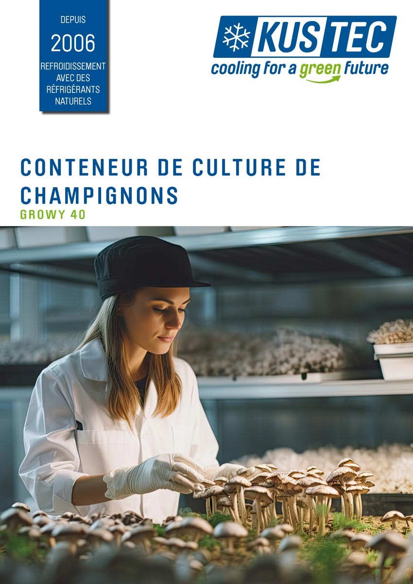 Couverture de la brochure sur les conteneurs de culture de champignons Kustec avec une femme cultivant des champignons