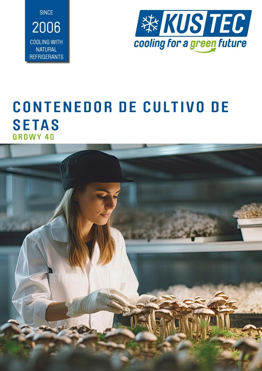 Portada del folleto del contenedor de cultivo de setas de Kustec con una mujer cultivando setas