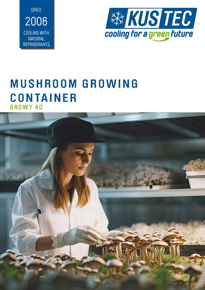 Cover of the Kustec mushroom cultivation container brochure with woman growing mushrooms