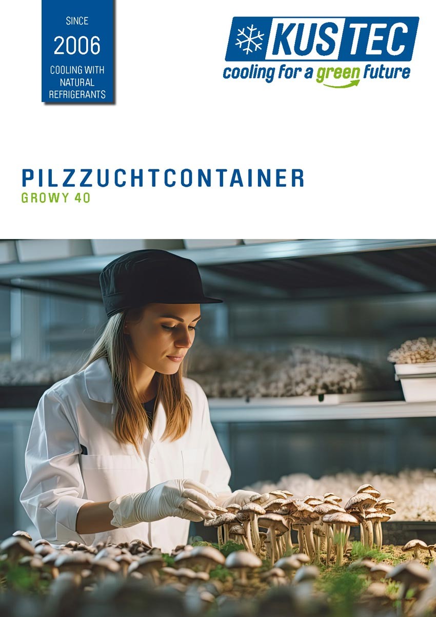 Cover der Kustec Pilzzuchtcontainer-Brochure mit Frau bei der Pilzzucht